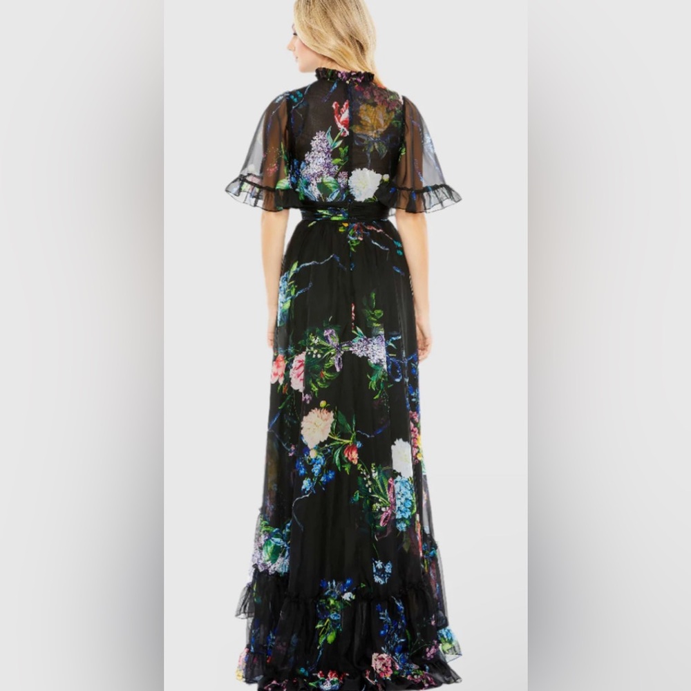 NWT Mac Duggal 68230 - Floral Print Ruffled High Neck Flutter Sleeve Gown - Picture 2 of 9